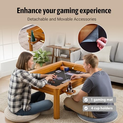 Solid Wood Board Game Coffee Table with Removable Top, 3-in-1 Gaming and Dining Table Includes Play Mat & Detachable Cup Holders, 48" L x 33" W - color: Oak01