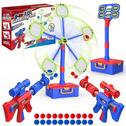 2 IN 1 Shooting Game Toys For 5 6 7 8 Year Old Kids, Moving Standing Shooting Target & 2 PCS Foam Ball Popper Air Toy Guns, 24 Foam Balls, 2 Player Boy Toys For Boy Kids, Gifts for Boys and Girls