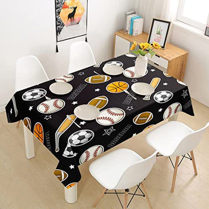Baseball Football Tablecloths Kids Ball Games Sports Table Cloth Cartoon Rugby Star Bat Pattern Table Accessories for Teens Boys Men Room Decor Black Table Cover,55" Round