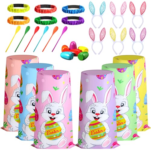 Civaner 30 Pcs Outdoor Games Set for Kids Includes 6 Bunny Potato Sack Race Bags 6 Egg and Spoon 6 Bunny Ears Headbands 6 Legged Relay Race Band for Game Party(Rainbow Color,Cute) - color: Rainbow Color, style: Cute