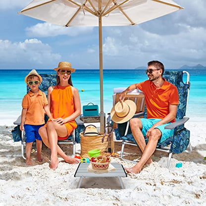 Tangkula Backpack Beach Chair with Table, 5-Position Lay Flat Lightweight Low Folding Beach Chairs with Cooler Bag, 2 Cup Holders, Towel Bar, Backpack Straps - color: Navy, style: 2 Pack with Table