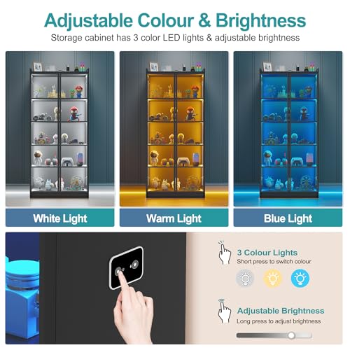 Lvifur 5 Tier Display Cabinet for Living Room, LED Bookcase with Human Body Induction Lights, 65” Tall Curio Cabinets with Adjustable Shelves for Office (Black) - color: Black