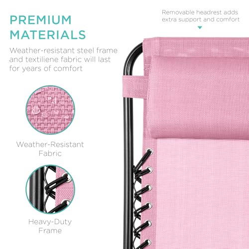 Best Choice Products Set of 2 Adjustable Steel Mesh Zero Gravity Lounge Chair Recliners w/Pillows and Cup Holder Trays - Bubblegum Pink/Black - color: Bubblegum Pink, size: Standard