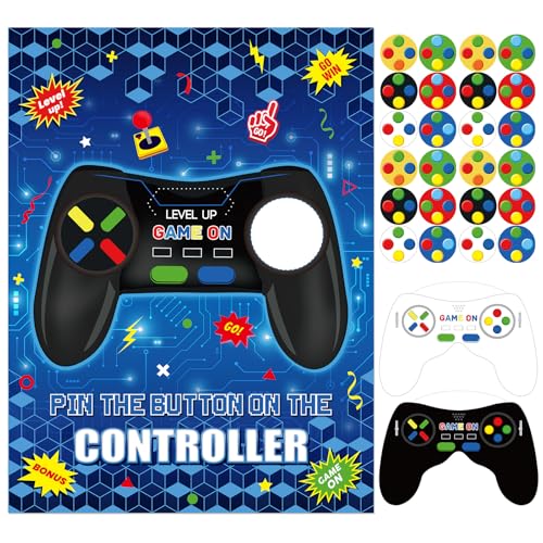Faccito Pin The Button on The Video Game Birthday Games Set Video Game Poster with 24 Button Stickers 2 Games Controller Blindfolds for Birthday Party Wall Home Room Decorations Activities Supplies - style: Video