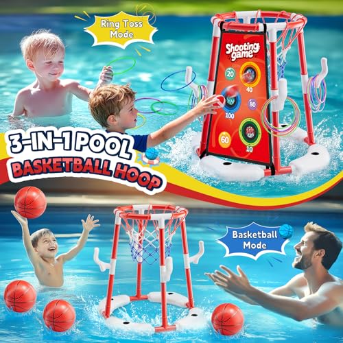 Pool Basketball Hoop for Kids Ages 4-8 & 8-12 - Floating Game Set with Water-Fillable Base, Pump, Toss Targets & Sticky Balls, Pool Games Backyard Swimming Pool Toys for Outdoor Summer Family Fun - color: Red
