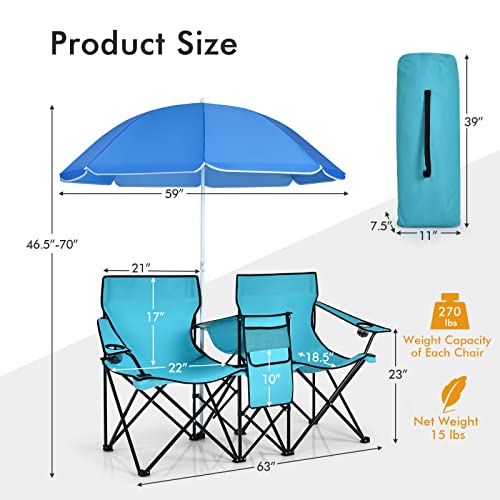 LUARANE Folding Double Camping Chair, Outdoor Picnic Chairs w/Removable Umbrella, Mini Table, Cup Holder & Carrying Bag, Portable Camping Loveseat for Patio, Pool, Lawn, Beach, Park (Turquoise) - color: Turquoise