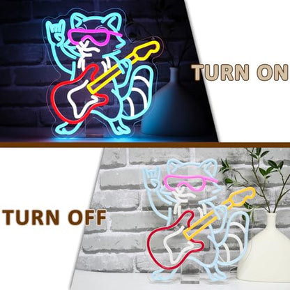 Raccoon Guitar Neon Sign for Wall Decor, Cool Guitarist Led Signs for Bedroom, USB Dimmable Cute Animal Neon Lights for Bar Live Music Concert Club Game Room Studio Party Home Decoration - style: Raccoon Guitar