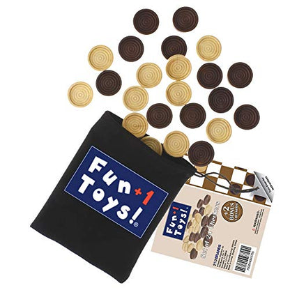 Fun+1 Toys! Classic Wood Checkers Stackable Pieces - Set of 26 Total Checkers Pieces in a Velvet Drawstring Storage Pouch. Each Piece 1.125-Inch Wide and in Brown/Natural Colors. (Pack of 2) - size: 1.125 inches by 1.125 inches (Pack of 2)