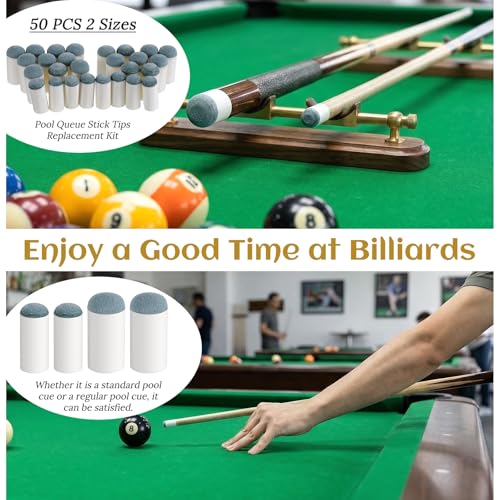 50pcs 2 Sizes Slip On Pool Cue Tips Billiard Stick Tip Replacement Kit No Glue or Tool Required Billiard Table Accessories Repair Kit for Snooker and Pool Cues (10mm, 13mm, 25pcs Each)
