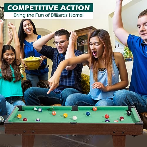 Portable Pool Table & Billiard Set, Mini Billiards Game, Small Tabletop Pool Set Includes Balls, Sticks, Chalk, Brush & Triangle for Family