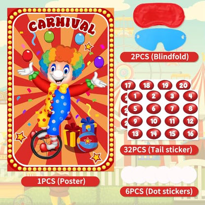 Hooqict Circus Games Pin The Nose on The Clown Carnival Party Games for Kids Clown Party Supplies Circus Themed Birthday Party Decorations, Large Clown Games Poster with 32 Nose Stickers - style: Carnival