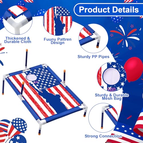 Leitee 4th of July 2 in 1 Bean Bags Toss Game American Flag Cornhole Bean Bags Patriotic Ring Toss Game Kids Patriotic Cornhole Games Set Independence Day Party Games Ideal for Ages 4-8 Toddlers