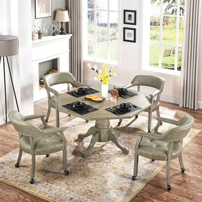 Set of 4 Dining Chair with Casters, Accent Captains Leather Chairs with Wheels & Arms,Wheeled Roller Wood Chairs for Kitchen & Game Poker Table,Antique Grey(NO Table!) - color: Antique Grey