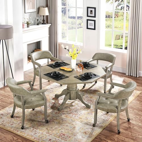 Set of 4 Dining Chair with Casters, Accent Captains Leather Chairs with Wheels & Arms,Wheeled Roller Wood Chairs for Kitchen & Game Poker Table,Antique Grey(NO Table!) - color: Antique Grey