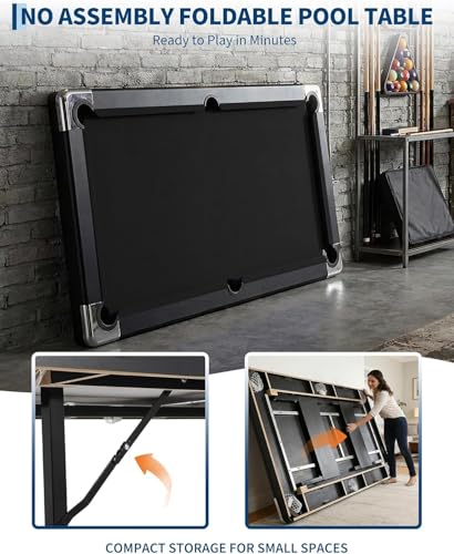 6,7 Foot Foldable Pool Table, Portable Billiards Table with Full Accessories Set, No Assembly, Metal k-Shaped Legs, Includes 16 Balls, 2 Cue Sticks, Chalk, Rack & Brush, Game Room Table for Home, Apar - size: Black-6FT