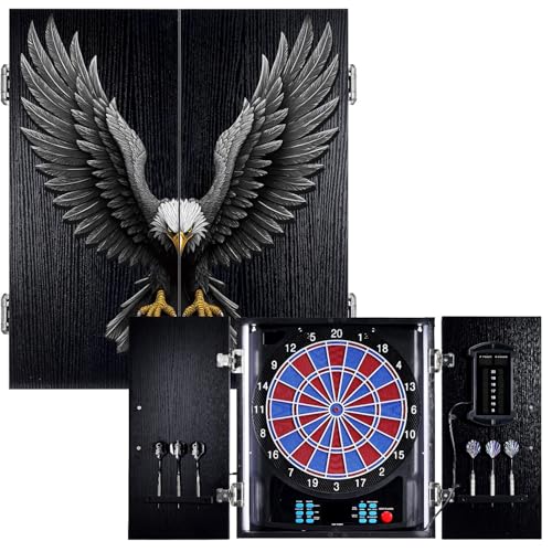 Electronic Dart Board, Electric Dartboard Cabinet Set for Adults [6 Soft Tip Darts] Individual Light Color for Each Player, Wooden Dartboard Cabinet for Family Game - style: EAGLE