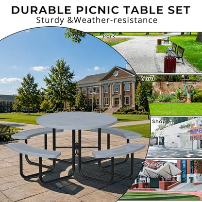 All-Weather Round Outdoor Picnic Table, Commercial Picnic Table Bench Set with Umbrella Hole, Thermoplastic Coated Metal Dining Tables for School, Stores, Park, Patio, Yard, Grey - color: Grey