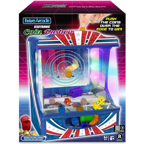 Merchant Ambassador Retro Arcade Electronic: Coin Pusher - Tabletop Game, Push The Coins Over The Edge to Win, 1 Player, Ages 6+ - style: Coin Pusher