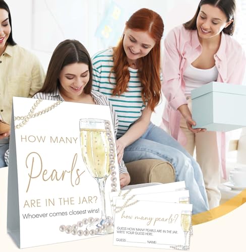 Guess How Many Cards, Guess How Many Pearls Are in the Jar, Party Games & Activities, Pearls Bridal Shower Decorations, 50 Cards and Sign - size: 5 x 7 inches