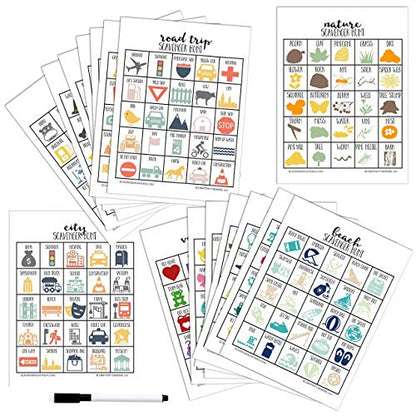 Scavenger Hunt Games for Kids, Set of 20 | Outdoor or Indoor, Road Trip Travel Activities, Includes Dry Erase Marker and Cards, Family Game Night, Variety Pack
