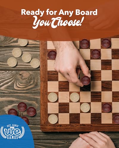 WE Games Wooden Checkers Pieces Only (2 inch), Checker Board Game & Backgammon Pieces, 24 Brown and Natural Stained Stackable Ridges with a Drawstring Storage Bag, Replacement Game Piece - size: 2 inch diameter