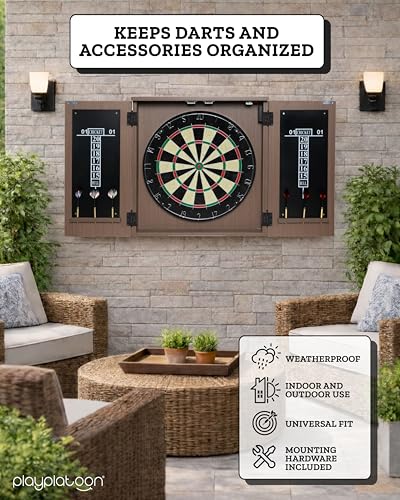 Play Platoon Outdoor Dart Board Cabinet - Dartboard Waterproof Enclosure with Darts Scoreboard, Dart Holder & Dartboards Lighting System for Outside Bar Games & Game Room