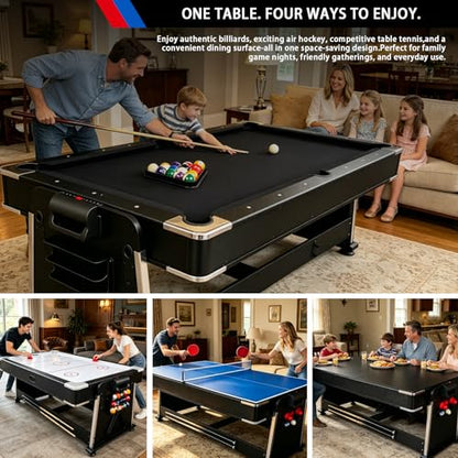 7FT Pool Table Air Hockey Table Ping Pong Table Dining Table Combo,4in1 Multi Game Table with Easy Flip Top,Billiards Table Tennis Set High-Performance Airflow Accessories for Indoor/Outdoor use.