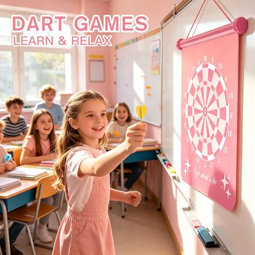 Gitus Pink Magnetic Dart Board Game for Teen Girls, 12 Soft Darts Kids Dart Set, Girls Room Wall Decor, Trendy Gift Ideas for 8-16 Year Old Teenage Girls, Safe Indoor Bedroom Play Toy