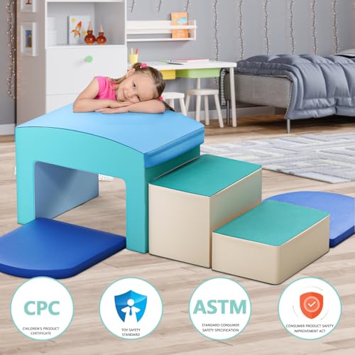 Foam Climbing Blocks for Toddlers - Soft Play Set for Toddlers 1-3 - Climbing Toys - Baby Climbing Gym Foam - with Slide Stairs and Tunnel - Great for All Ages (6 Pc Blue Soft Play Area Set) - color: Blue
