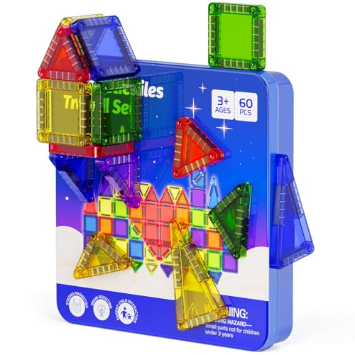 Mini Magnetic Tiles Travel Kit for Kids Ages 3-8, 60pcs Portable Magnetic Building Blocks with Visual Storage Guide & Metal Play Base, STEM Sensory Toys for Preschool Learning - style: Mini Magnetic Tiles Travel Construction Set - 60PCS