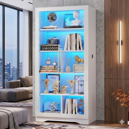 Vlsrka LED Display Cabinet with Glass Doors, Modern Storage Cabinet with 5 Tier Adjustable Shelves, Human Sensor, for Collectibles, 65" Tall Bookcase for Home Office Living Room, White - color: White