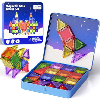 Mini Magnetic Tiles Travel Kit for Kids Ages 3-8, 60pcs Portable Magnetic Building Blocks with Visual Storage Guide & Metal Play Base, STEM Sensory Toys for Preschool Learning - style: Mini Magnetic Tiles Travel Construction Set - 60PCS