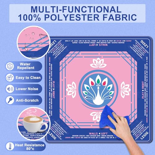 Mahjong Mat 33"x33" - Non-Slip Noise Reduction Gaming Mat with Beginner Rules for American Mahjong, Chinoiserie Peacock & Lotus Artwork Waterproof Surface with Carry Bag for Game Nights, Gift (Blue) - color: Blue-1