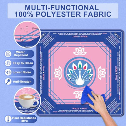 Mahjong Mat 33"x33" - Non-Slip Noise Reduction Gaming Mat with Beginner Rules for American Mahjong, Chinoiserie Peacock & Lotus Artwork Waterproof Surface with Carry Bag for Game Nights, Gift (Blue) - color: Blue-1