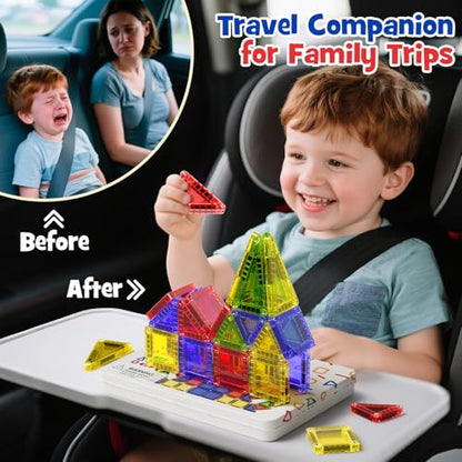 Mini Magnetic Tiles for Kids Travel - 40pcs STEM Building Blocks with Visual Storage Guide & Metal Box Play Base, Toddler Airplane Activities Toys for Ages 3-5,4-8, Compact Travel Toys - style: Glossy Surface Mini Magnetic Tiles - 40 PCS