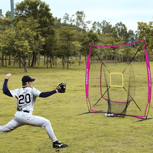Storgem Baseball and Softball Practice Net 7×7ft Portable Hitting Pitching Batting Training Net Baseball Backstop Net with Batting Tee and Strike Zone and Bow Frame - color: Purple
