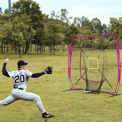 Storgem Baseball and Softball Practice Net 7×7ft Portable Hitting Pitching Batting Training Net Baseball Backstop Net with Batting Tee and Strike Zone and Bow Frame - color: Purple