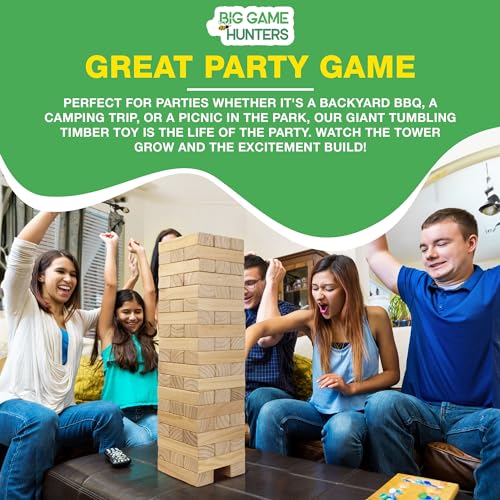 Garden Games Big Game Hunters Giant Tumble Towers, 58 Piece Wooden Block Game, 5 ft. Tall Stacking Backyard Indoor Outdoor Game for Kids Adults Family, Jumbo Splinter Resistant Blocks