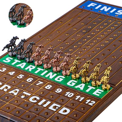 Large 21 inch Finish LINE Horse Racing Board Game is Equipped with 11 Luxury Metalcraft Horses Adult Chessboard Including 2 Dice and 2 Boxes of Cards (Flaming Color) - color: Large -Burnt