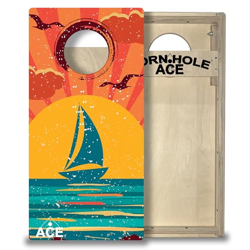 CornholeAce Tailgate Size Cornhole Boards - Regulation 6 inch Hole - Measures 32 inches by 16 inches - Perfect for Travel, Vacations, Beaches, Tailgating, Picnics or Camping - color: Sailboat
