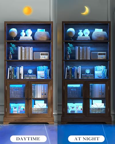 TVU 5-Tier Bookshelf, 65" Bookshelf with Multi-Color Ambient Lights (APP Remote Control), Tall Display Shelf with Cabinet Doors, Suitable for Living Room, Bedroom, Study, Office, Rustic Brown - color: Rustic Brown