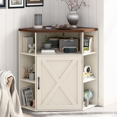 Vabches Corner Cabinet, Corner Storage Shelf with USB Ports and Outlets Industrial Organizer for Small Space Wooden 6-Cubby Bookshelf for Study, Playroom, Living Room (Off White) - color: Off White