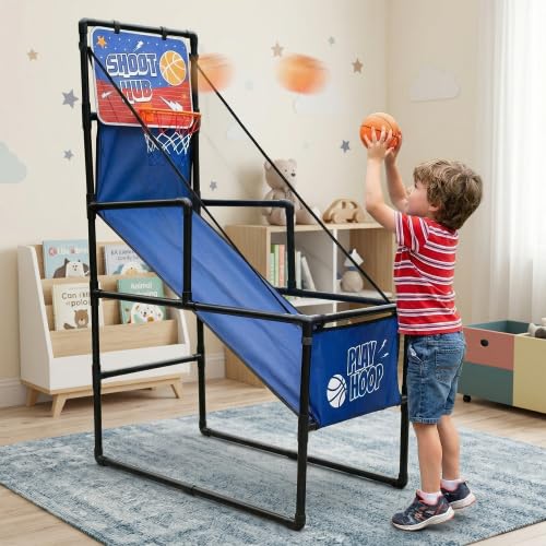 Basketball Arcade Game Indoor, Single Shot Basketball Hoop with 2 Balls & Pump, Foldable Stand for Toddlers & Young Players, Active Play Toy for Home, Playroom, Carnival