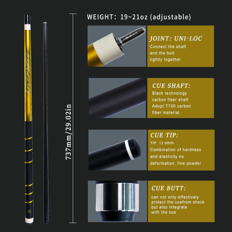 100% Carbon Fiber Shaft Billiard Cue 58" 19-21oz 1/2 Joint Carbon Fiber Pool Cue Stick 12.9mm Cue Tip - color: Yellow
