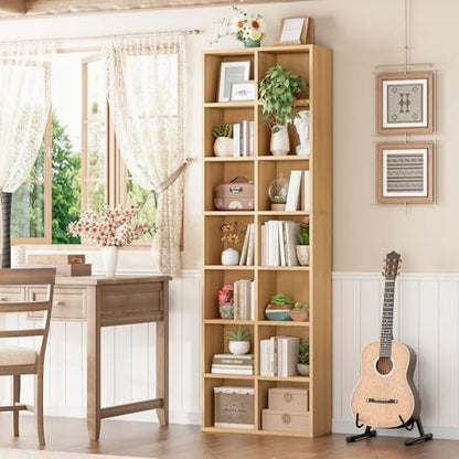 FOTOSOK 71'' Tall Bookshelf with 14 Cubes, 7 Tier Double Wide Wood Bookshelf with 6 Adjustable Shelves, 19.6" Narrow Bookcase DVD/CD Media Storage, Space Saving Display Shelf Cabinet, Natural - color: Natural