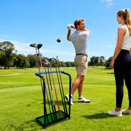 Nisorpa Golf Club Organizer Rack 9 Clubs Golf Club Display Stand Rack Holder Shelf Indoor Outdoor Golf Putter Rack Holder Stand 9 Putters Metal Golf Club Stand with Artificial Grass Mat