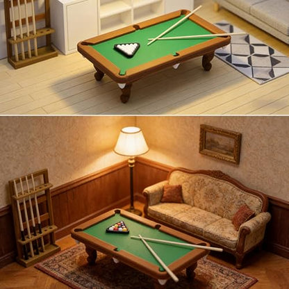 Mini Pool Table Toy for Kids 3+, 1:12 Scale Billiards Set, Cues & Balls, Hand Eye Coordination