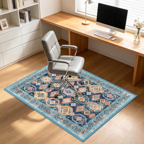 Flowers Office Chair Mat for Hardwood Floor, 35 X 47in Rug for Tile Floor | Blue Under Desk Carpet Protector for Rolling Computer Chair, Hard Floors Mat for Desk Chair Gift for Men Women Worker - color: Multiflower-blue, size: Material 1