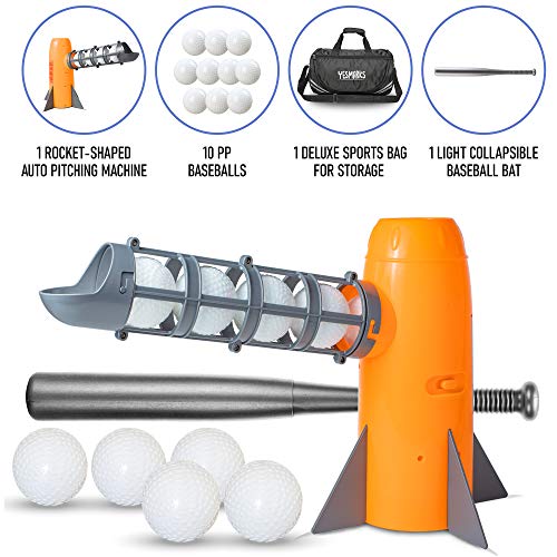 YESMARKS Kids Auto Baseball Pitching Machine Outdoor Toy Set - Training Equipment & Batting Practice Toys for Youth, Includes 10 Baseballs, Baseball Bat and Sports Bag | Includes 10 PP Baseballs, Baseball Bat, Sports Bag, Outdoor Sports Backyard Game Toy
