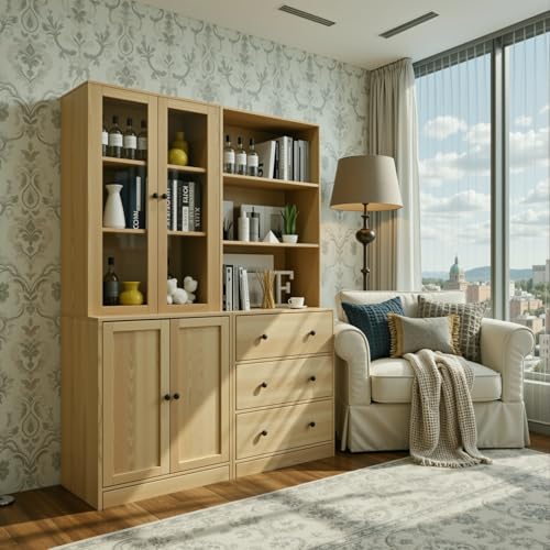 TUSY 71" H Bookshelf with Storage, 6-Tier Modern Bookshelves with 3 Large Drawer, Display Bookcase with Glass Doors, Modern 5-Tier Curio Cabinet for Home Office, Dining Room (Wood, AB) - color: Wood